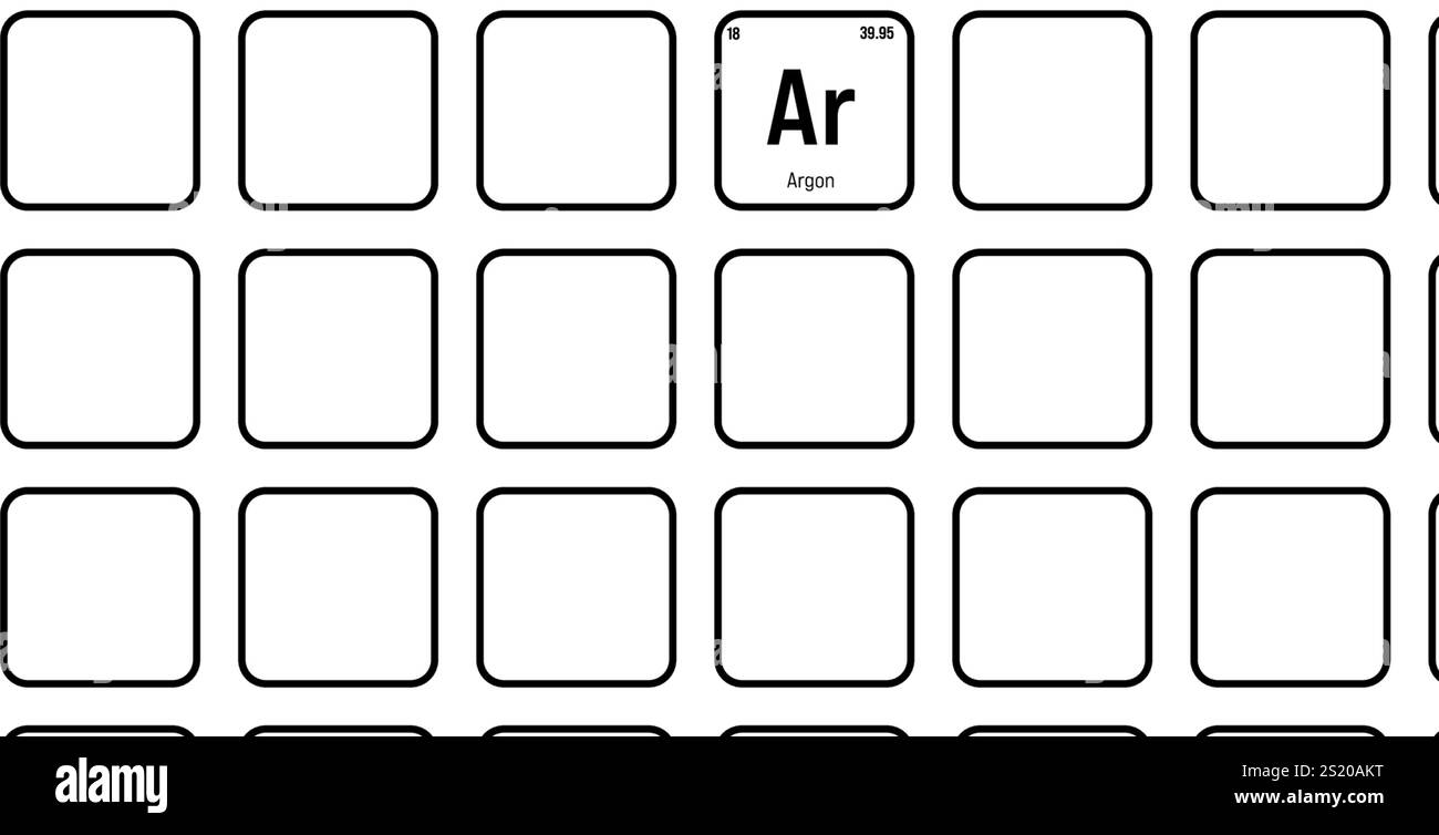 Argon, Ar, elemento periodico della tabella con nome, simbolo, numero atomico e peso. Gas inerte comunemente utilizzato nella saldatura e come atmosfera protettiva per alcuni processi industriali. Illustrazione Vettoriale