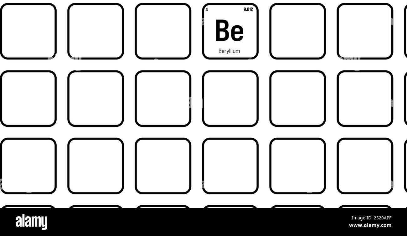 Berillio, BE, elemento tavola periodico con nome, simbolo, numero atomico e peso. Metallo leggero ad alta resistenza e resistenza al calore, comunemente utilizzato nei settori aerospaziale e della difesa. Illustrazione Vettoriale
