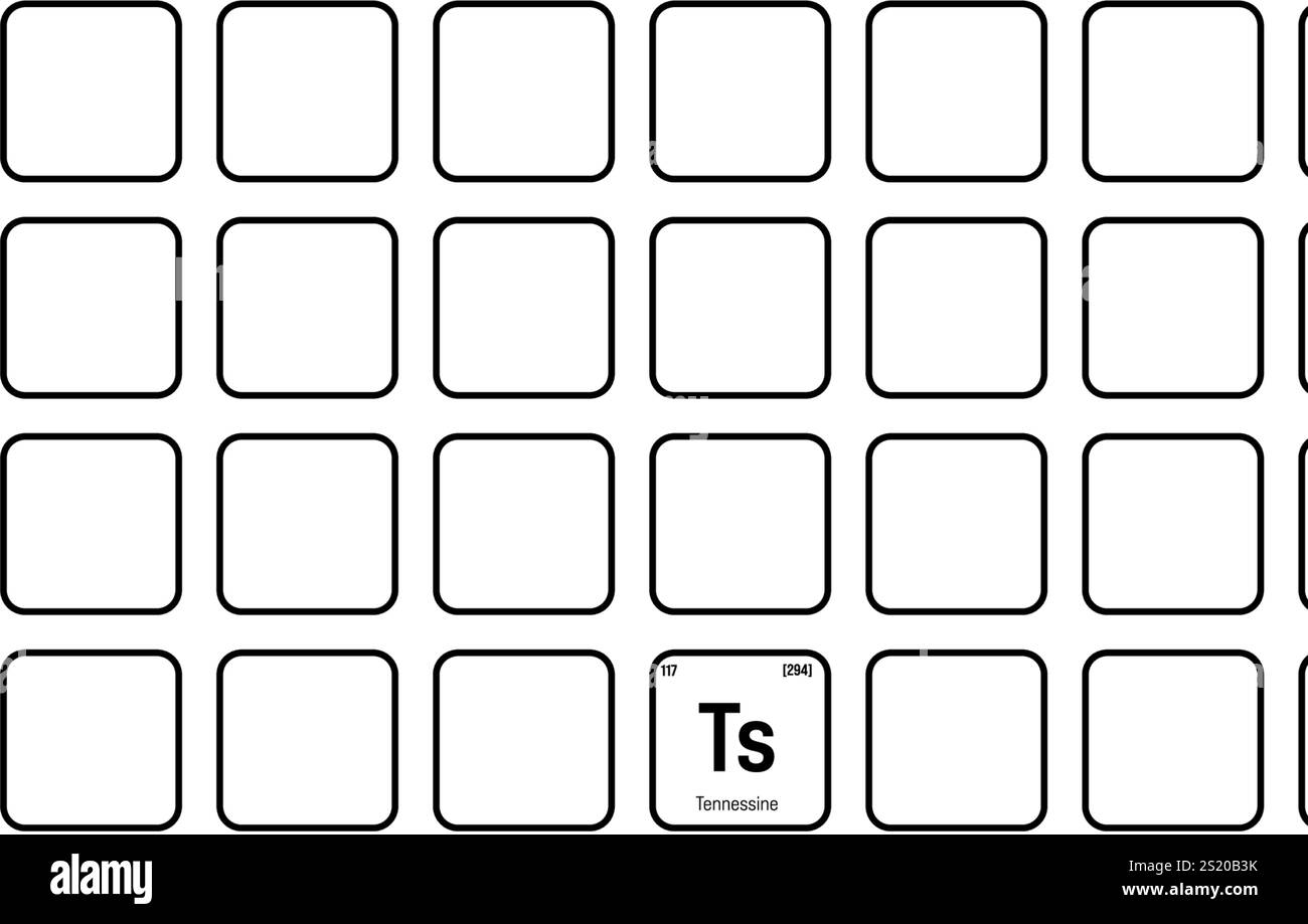 Tennessine, Ts, elemento tavola periodica con nome, simbolo, numero atomico e peso. Elemento sintetico senza usi commerciali o industriali noti, ma è stato utilizzato nella ricerca scientifica. Illustrazione Vettoriale