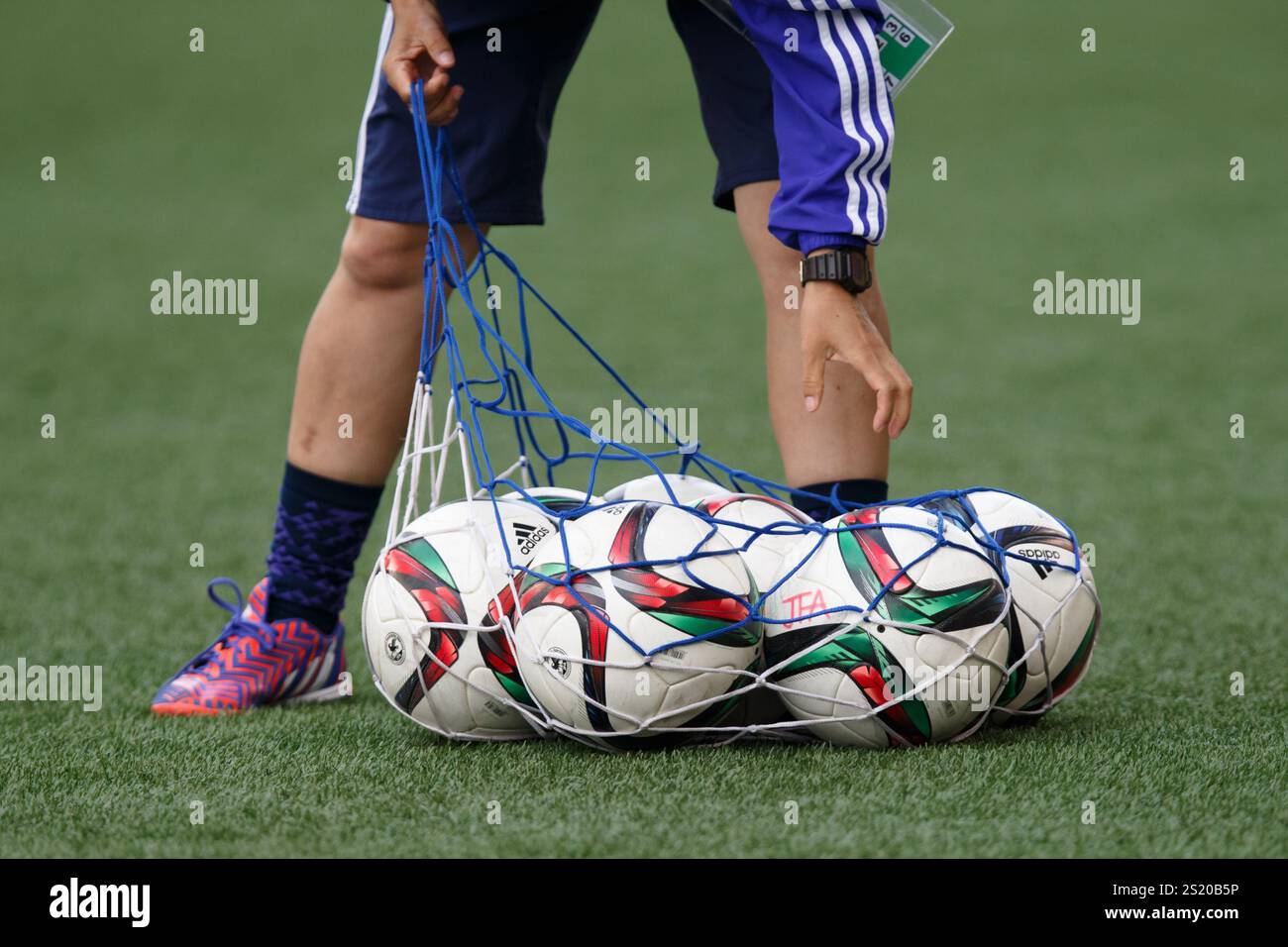 WINNIPEG, CANADA - 16 GIUGNO: Le palline da calcio della Japan Football Association vengono raccolte dopo il riscaldamento prima del calcio d'inizio di una partita del gruppo C della Coppa del mondo femminile FIFA tra Giappone ed Ecuador il 16 giugno 2015 al Winnipeg Stadium di Winnipeg, Canada. Solo per uso editoriale. Uso commerciale vietato. (Fotografia di Jonathan Paul Larsen / Diadem Images) Foto Stock