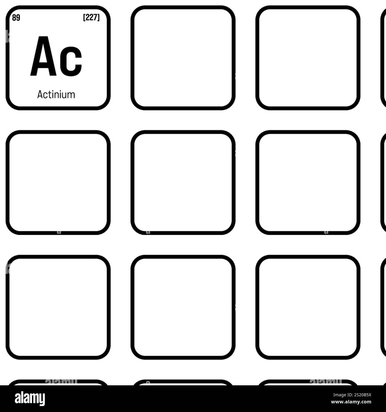 Actinium, AC, elemento periodico della tabella con nome, simbolo, numero atomico e peso. Elemento radioattivo con potenziali impieghi nel trattamento del cancro e come fonte di neutroni per la ricerca scientifica. Illustrazione Vettoriale
