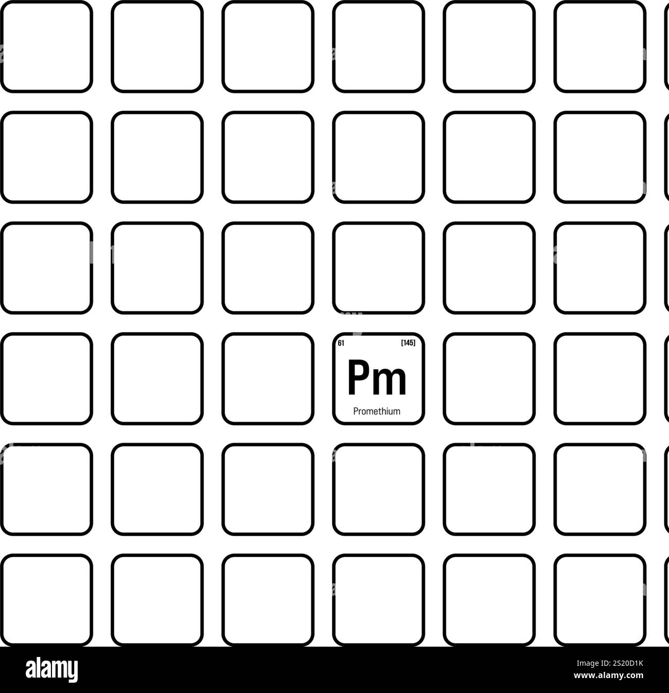 Prometium, PM, elemento periodico della tabella con nome, simbolo, numero atomico e peso. Elemento radioattivo sintetico con potenziali impieghi nella ricerca scientifica e nell'energia nucleare. Illustrazione Vettoriale