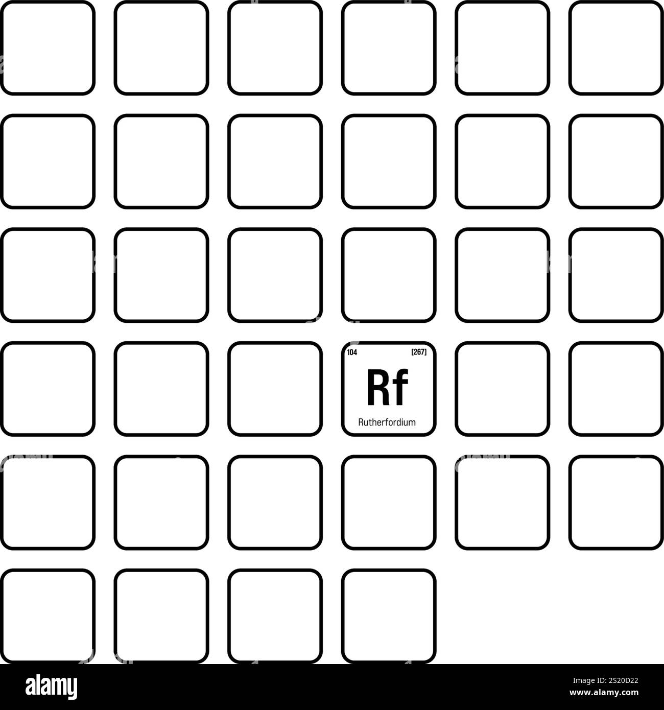 Rutherfordium, RF, elemento tavola periodica con nome, simbolo, numero atomico e peso. Elemento sintetico senza usi commerciali o industriali noti, ma è stato utilizzato nella ricerca scientifica. Illustrazione Vettoriale