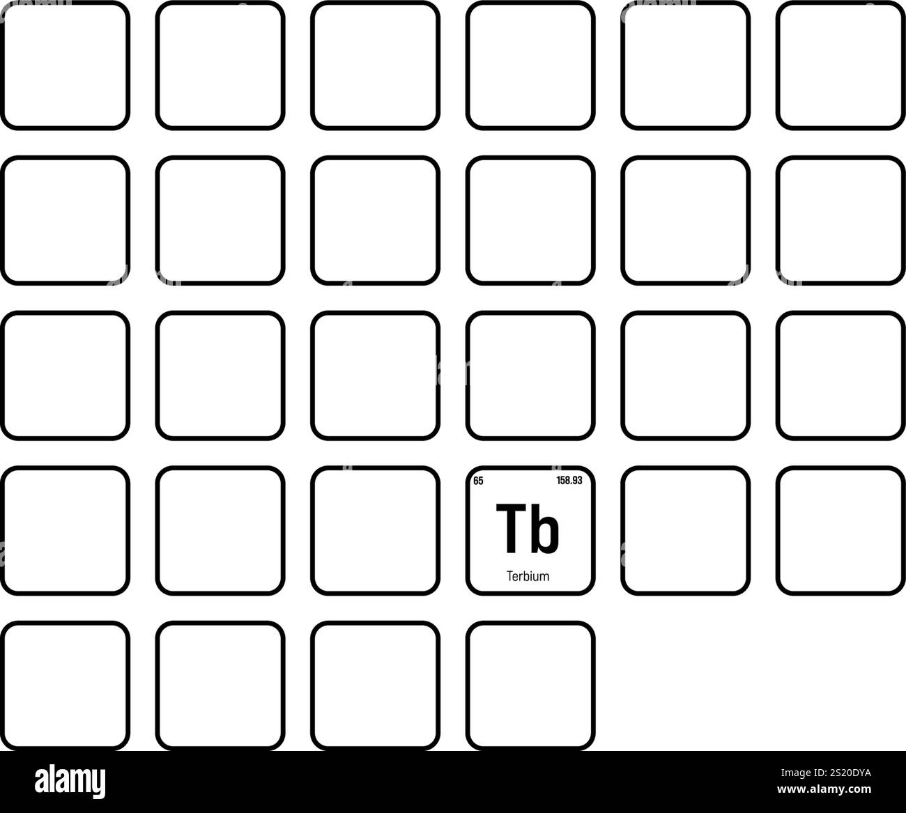 Terbio, TB, elemento tavola periodico con nome, simbolo, numero atomico e peso. Metallo di terre rare con vari usi industriali, come in alcuni tipi di illuminazione e come componente in alcuni tipi di dispositivi elettronici. Illustrazione Vettoriale