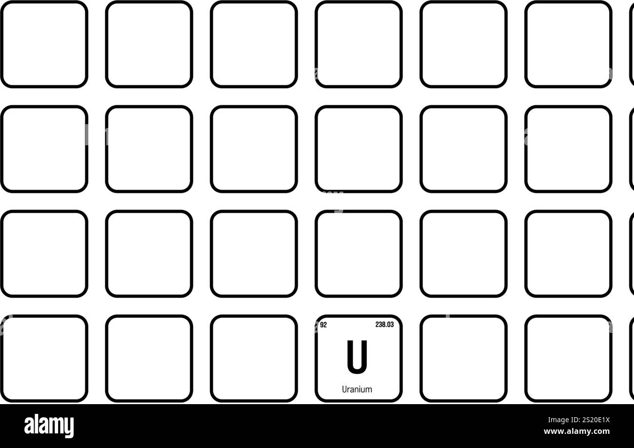 Uranio, U, elemento periodico della tabella con nome, simbolo, numero atomico e peso. Attinide con potenziali impieghi nell'energia nucleare e nella ricerca scientifica. Illustrazione Vettoriale