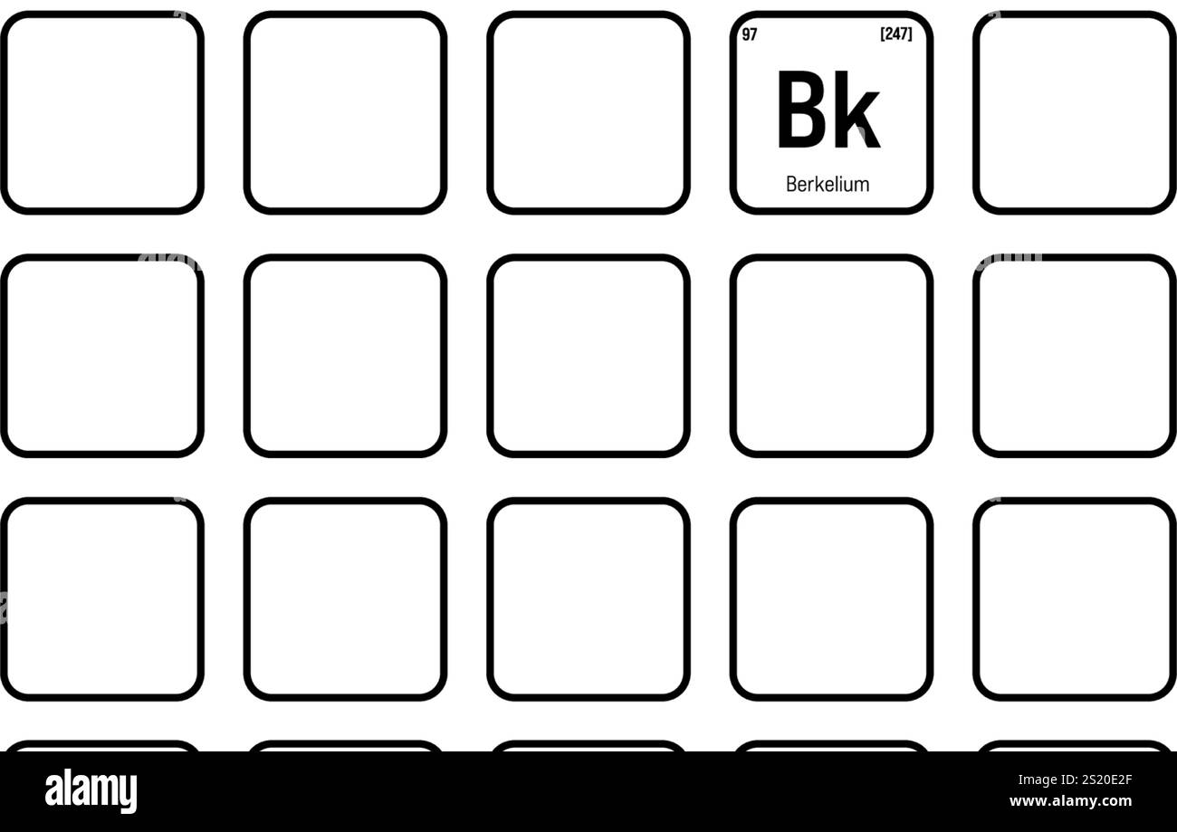 Berkelio, Bk, elemento tavola periodica con nome, simbolo, numero atomico e peso. Elemento radioattivo sintetico con potenziali impieghi nella ricerca scientifica e nell'energia nucleare. Illustrazione Vettoriale