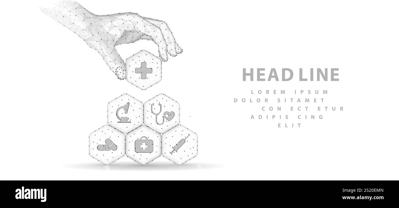 Sistema sanitario. Icone mediche su esagoni fatto piramide e mano che tiene l'elemento superiore. Piano sanitario, tecnologia digitale per il servizio ai pazienti, ai Illustrazione Vettoriale