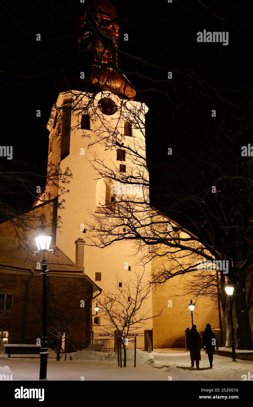 In mezzo alla neve che scende dolcemente, la Chiesa del Duomo di Tallinn si illumina sotto il cielo notturno, un faro senza tempo di architettura gotica e fascino storico Foto Stock