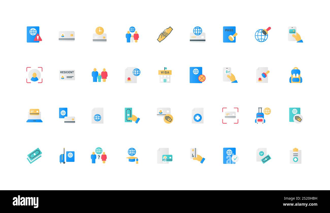 Immigrazione, visto educativo e di viaggio, permesso di lavoro, passaporto e documento legale temporaneo rifiutano e approvano il set di icone a colori. Certificato residente, famiglia documenta elementi piatti illustrazione vettoriale Illustrazione Vettoriale