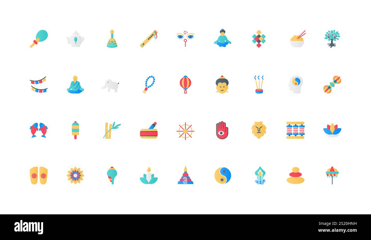 Buddismo, simboli spirituali di meditazione, cultura orientale, set di icone di colore monaco buddista. Giardino giapponese in pietra e bonsai, mandala e bollitore per tè, incenso candele elementi piatti illustrazione vettoriale Illustrazione Vettoriale