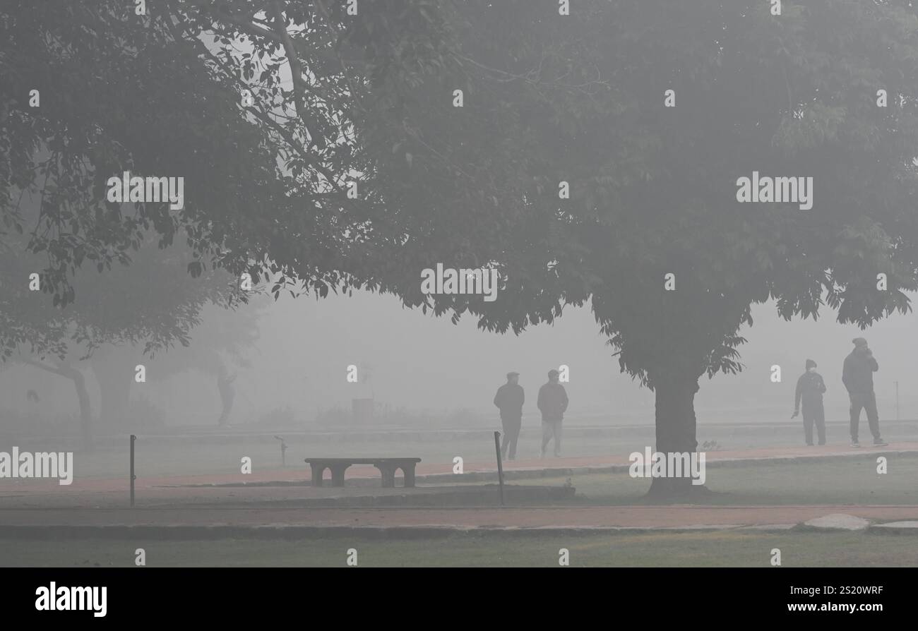 Nuova Delhi, India. 5 gennaio 2025. NUOVA DELHI, INDIA - 4 GENNAIO: Camminatori mattutini in giardino tra la nebbia vicino alla Tomba di Humayun il 4 gennaio 2025 a nuova Delhi, India. Una fitta foschia di nebbia ancora una volta ha inghiottito la capitale nazionale Delhi sabato mattina, riducendo la visibilità a zero in diverse aree. Le avverse condizioni meteorologiche hanno influito in modo significativo sulle operazioni regolari di volo e treno, poiché centinaia di voli e diversi treni sono stati ritardati attraverso il nord dell'India. (Foto di Arvind Yadav/Hindustan Times/Sipa USA ) crediti: SIPA USA/Alamy Live News Foto Stock
