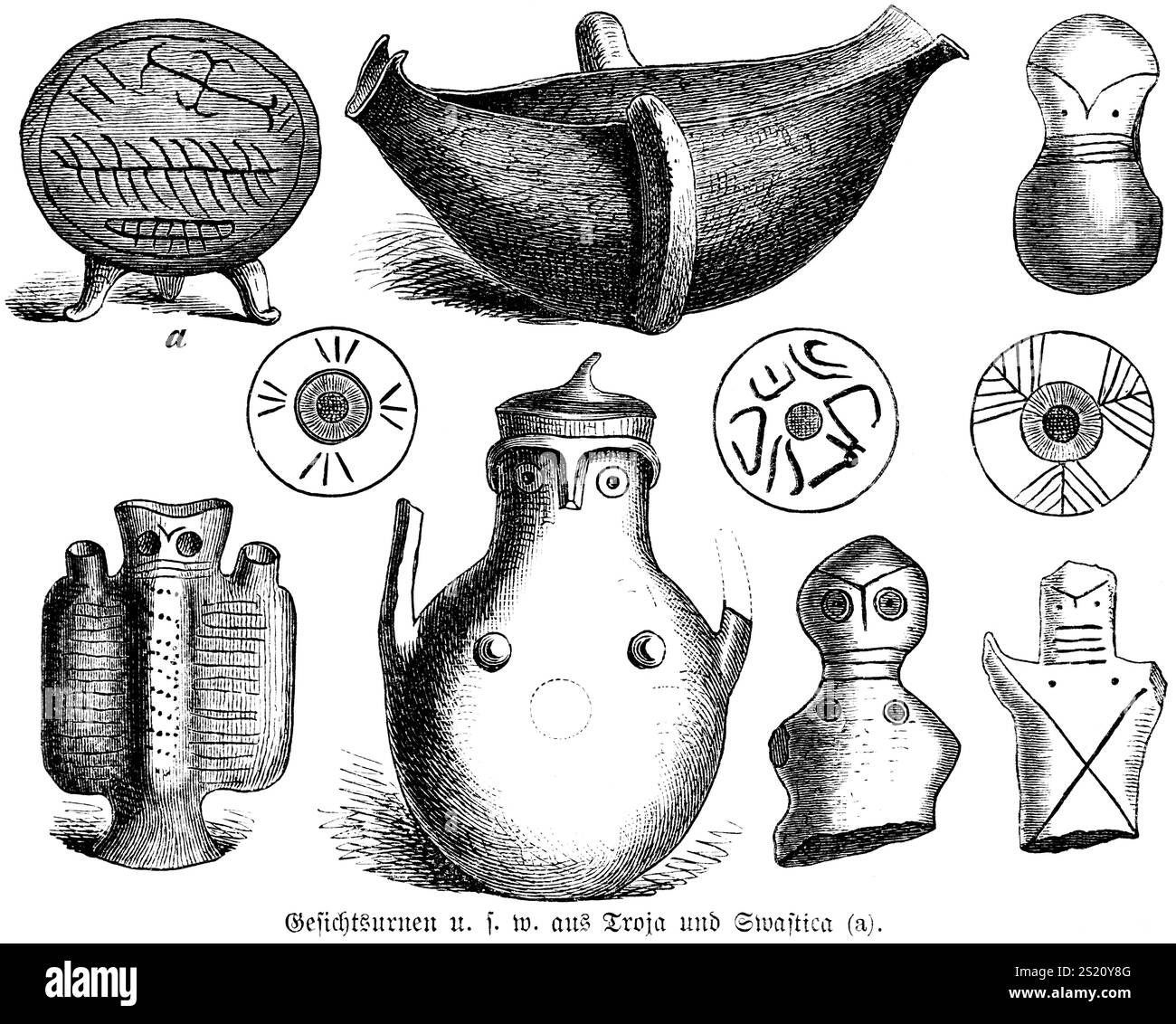 Urne facciali di Troia e una svastica (a) su cui si basa la svastica, storia dell'umanità, Turchia, illustrazione storica 1880, Asia Foto Stock