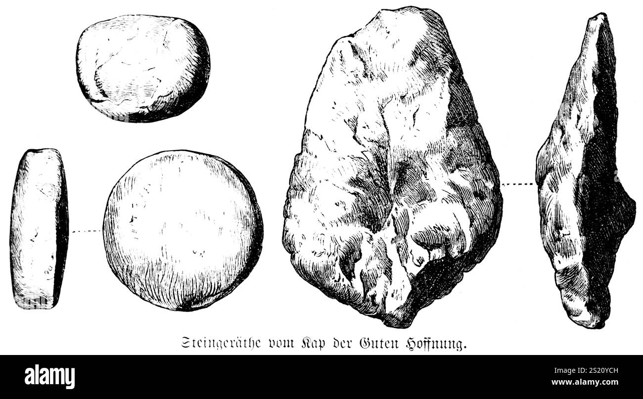 Utensili in pietra non lucidata del Capo di buona speranza, i cosiddetti tuoni, utilizzati come martelli, scalpelli e punte di freccia a foglia, reperti archeologici, Foto Stock