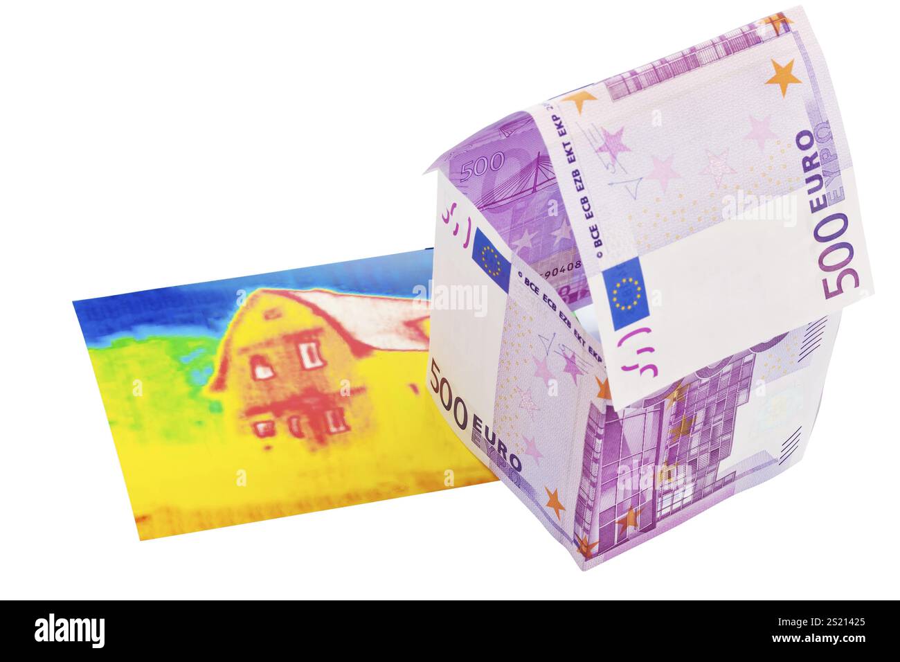 Una casa costruita con denaro in euro e un'immagine a infrarossi. Risparmi di edifici, costruzione di case e acquisto di case. Austria Foto Stock
