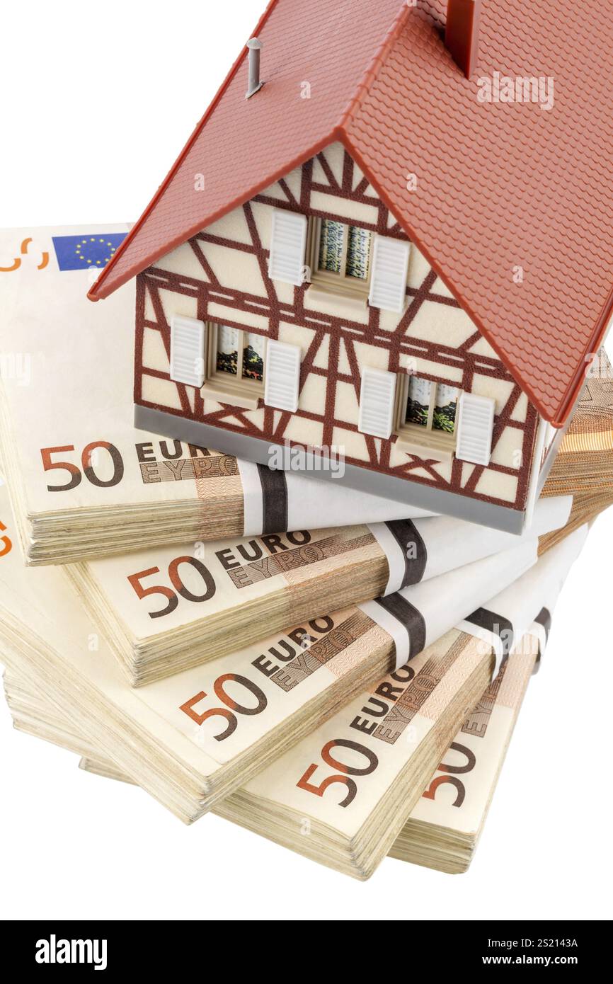 Casa a graticcio su banconote in euro, foto simbolica per l'acquisto di case, finanziamento, edilizia risparmio sociale Austria Foto Stock