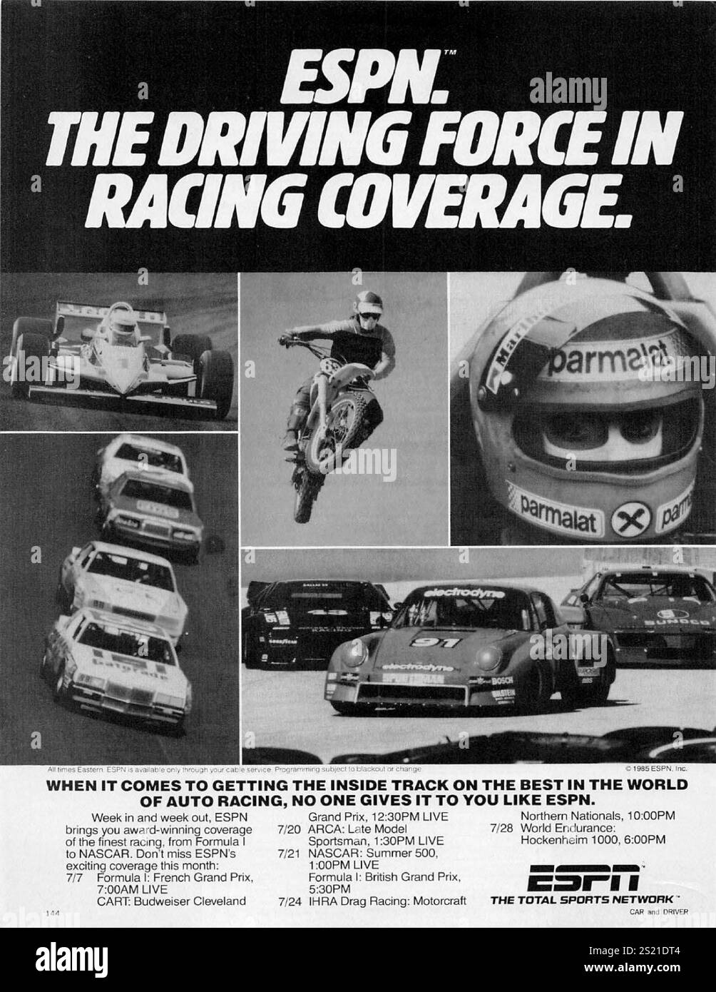 1985 annuncio ESPN Sports Network - NASCAR Indy Porsche Car Racing Photo Foto Stock