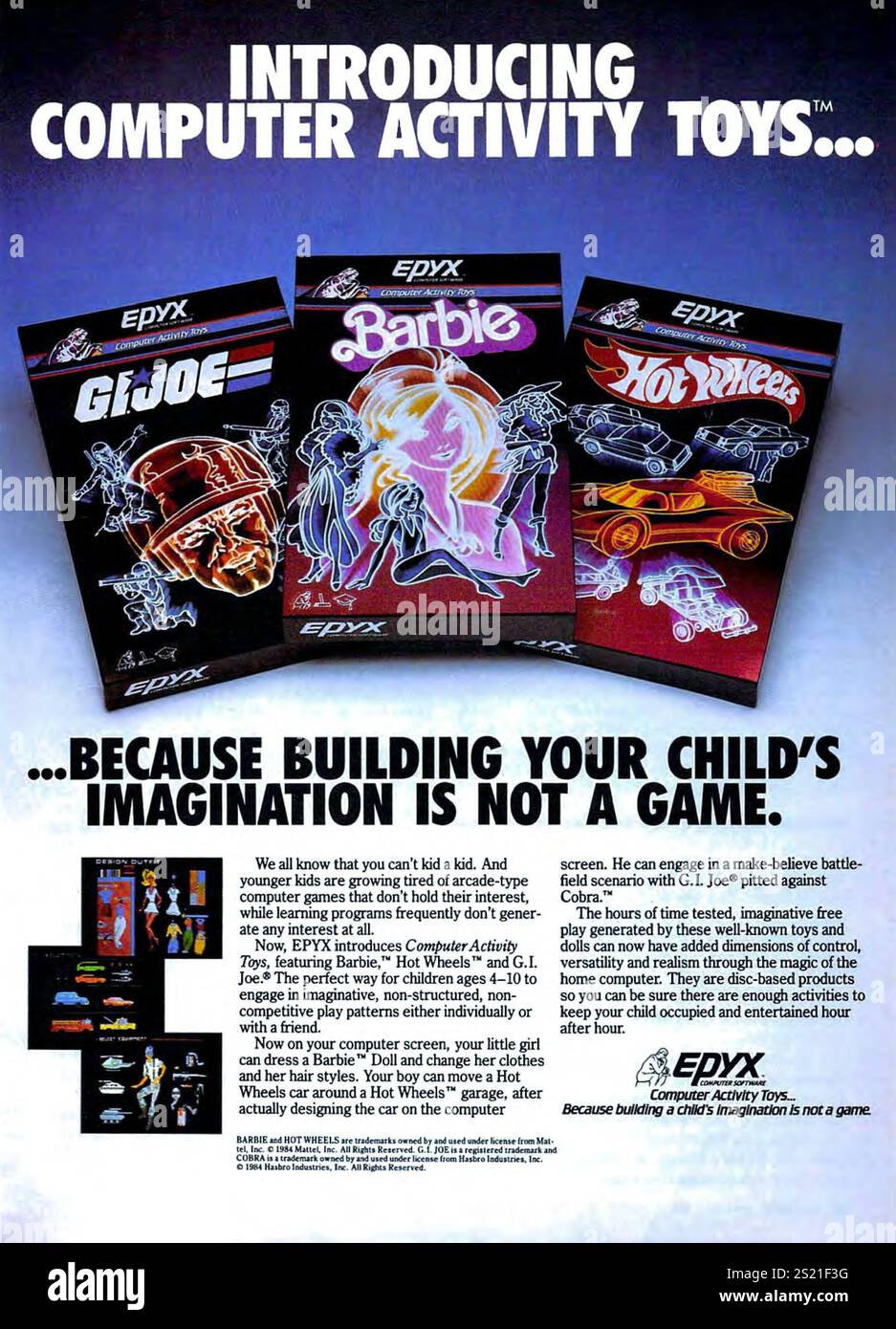1985 EPYX computer Activity Toys ad - Barbie bambola; Hot Wheels; G.I.Joe Foto Stock