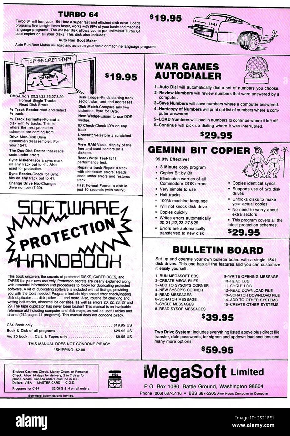 1985 Megasoft Ltd WA - War Games Autodialer; Turbo 64 disk boot maker; manuale di protezione del software; bacheca; gemini bit copy program copier Foto Stock