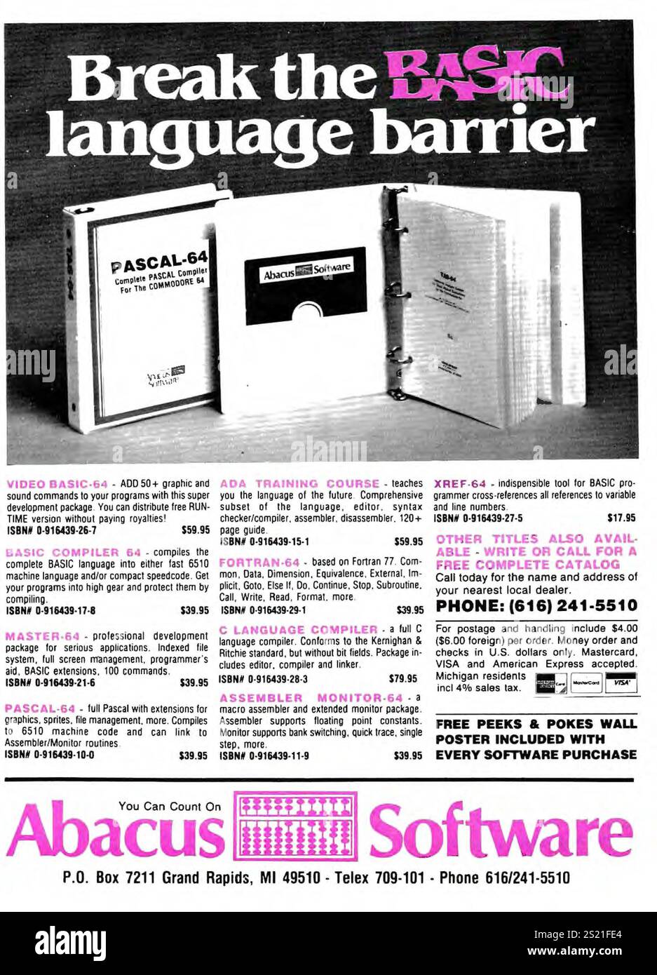 1985 annuncio software Abacus - compilatore PASCAL; COMPILATORE DI BASE; ASSEMBLATORE Foto Stock