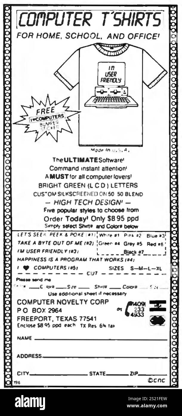 1985 annuncio di t-shirt per computer - computer Novelty Corp Texas Foto Stock
