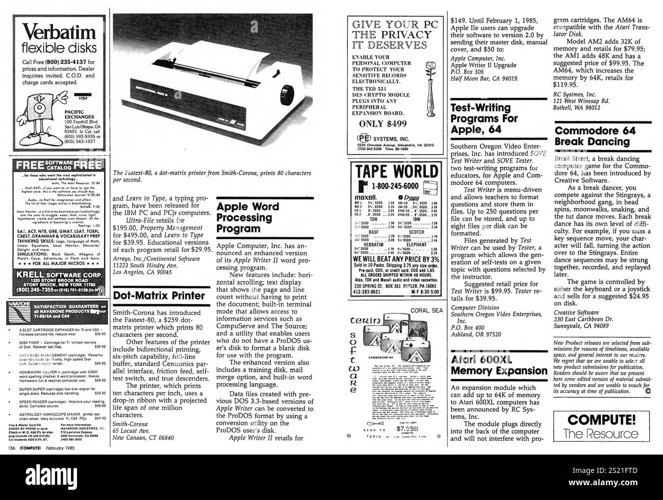1985 pagina pubblicitaria pubblicata sulla rivista Compute: Software, floppy disk, accessori per computer Foto Stock