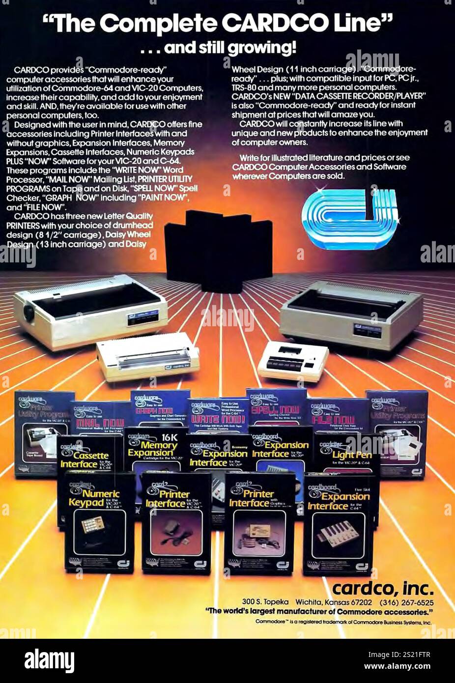 1985 accessori per computer Cardco commodore-ready, interfaccia stampante, tastierini, annuncio software Foto Stock