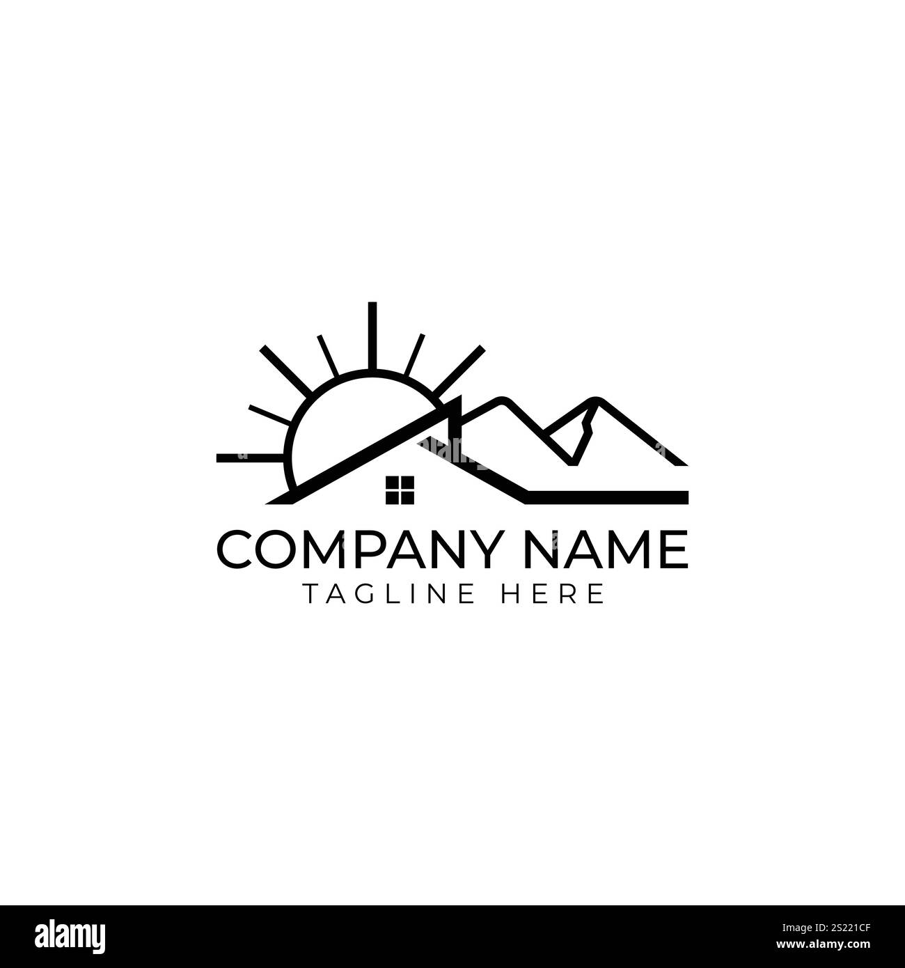 Linea vettoriale con logo Sun Homes Vector. Immagine vettoriale del design del logo della linea del tetto Sun Sunrise House. linea di design vettoriale con logo sun homes Illustrazione Vettoriale