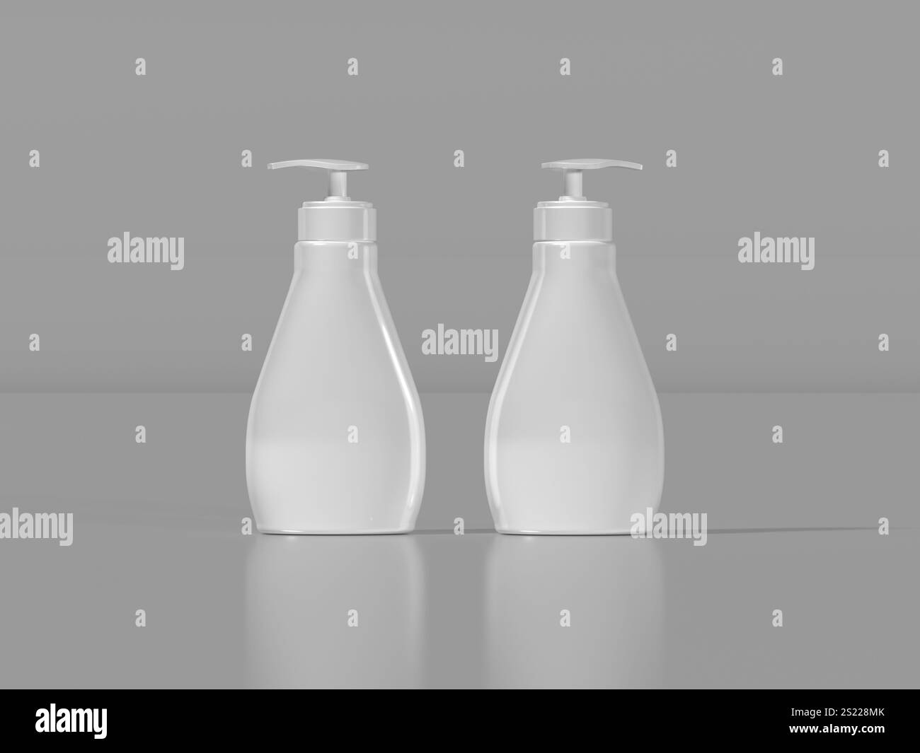 3d render due bottiglie dispenser a pompa bianca per prodotti sapone, gel doccia o SkinCare Foto Stock