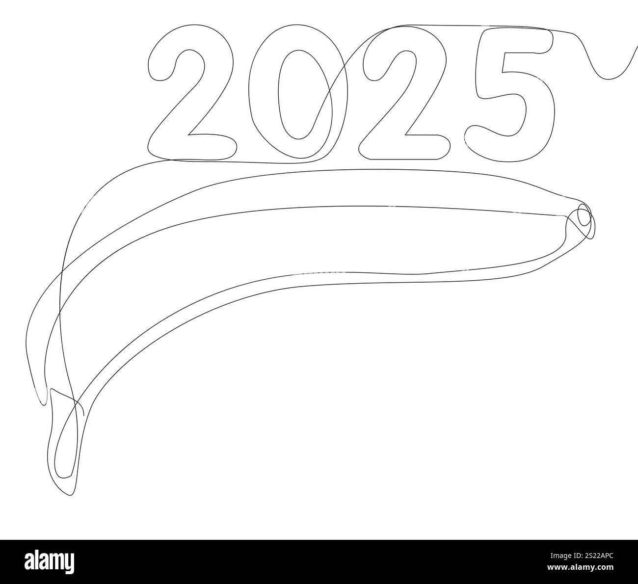 Una linea continua di banane con il numero 2025. Concetto del vettore dell'illustrazione a linee sottili. Idee creative per il disegno dei contorni. Illustrazione Vettoriale