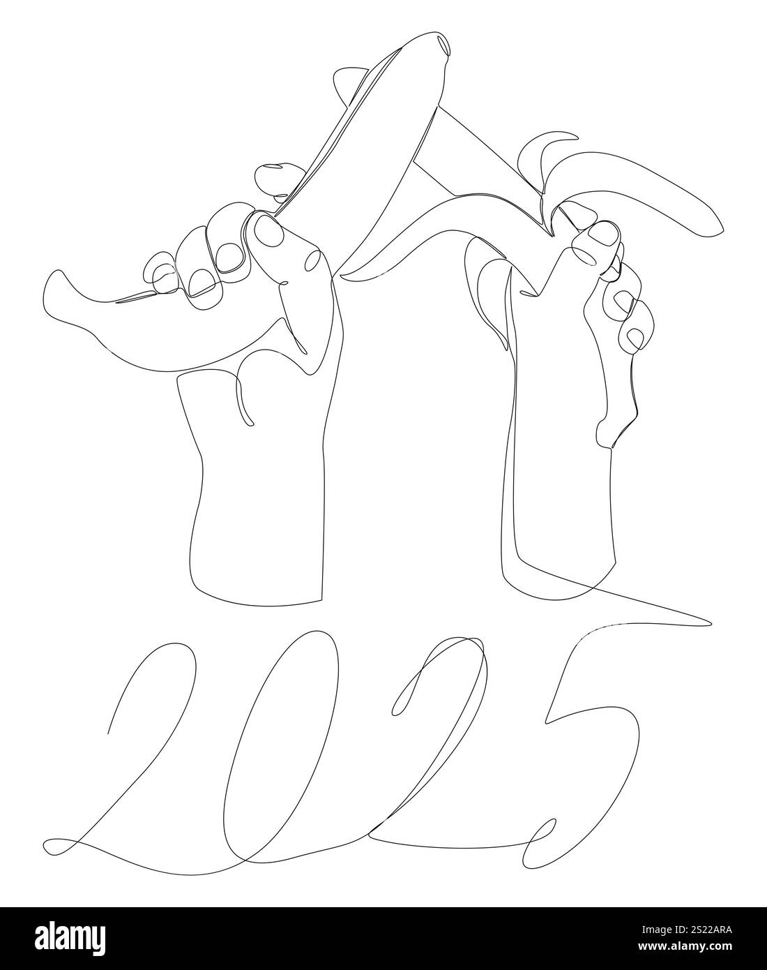 Una linea continua di banane con il numero 2025. Concetto del vettore dell'illustrazione a linee sottili. Idee creative per il disegno dei contorni. Illustrazione Vettoriale
