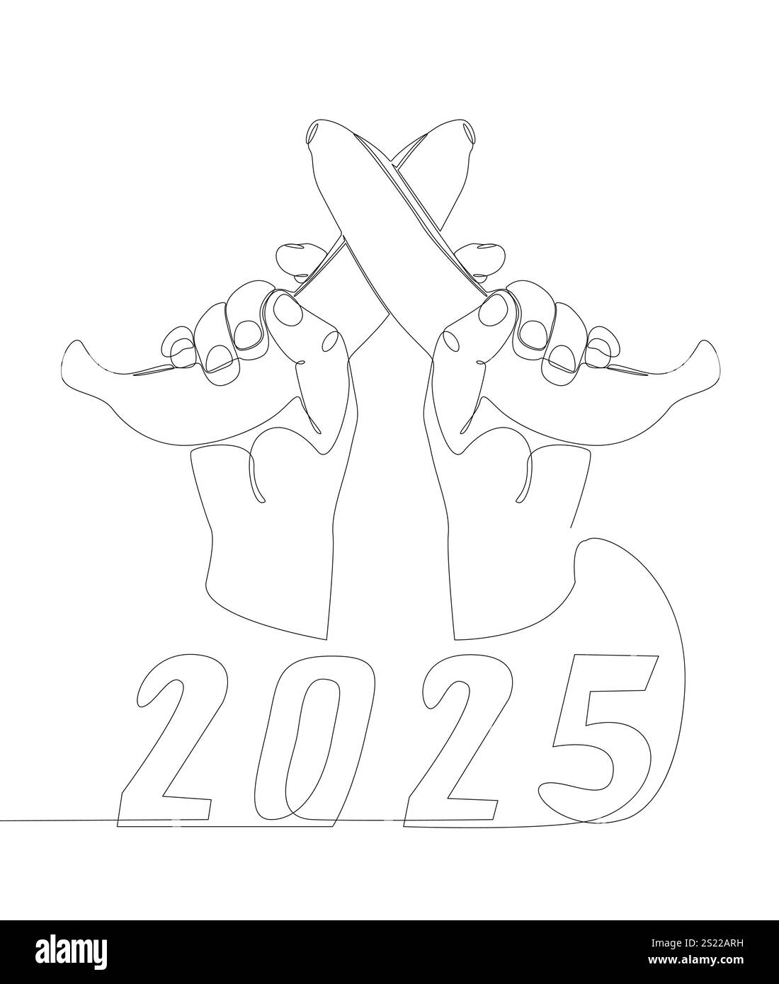 Una linea continua di banane con il numero 2025. Concetto del vettore dell'illustrazione a linee sottili. Idee creative per il disegno dei contorni. Illustrazione Vettoriale