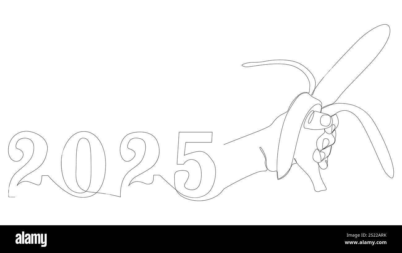Una linea continua di banane con il numero 2025. Concetto del vettore dell'illustrazione a linee sottili. Idee creative per il disegno dei contorni. Illustrazione Vettoriale