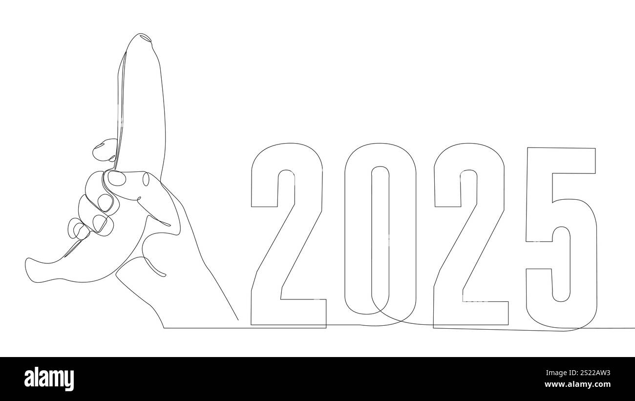 Una linea continua di banane con il numero 2025. Concetto del vettore dell'illustrazione a linee sottili. Idee creative per il disegno dei contorni. Illustrazione Vettoriale