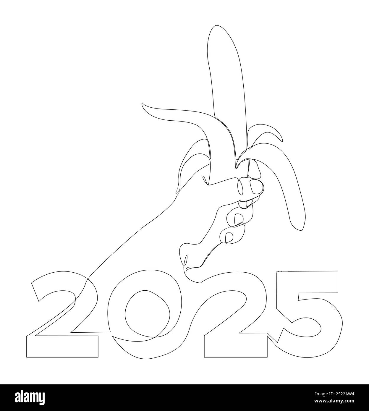 Una linea continua di banane con il numero 2025. Concetto del vettore dell'illustrazione a linee sottili. Idee creative per il disegno dei contorni. Illustrazione Vettoriale