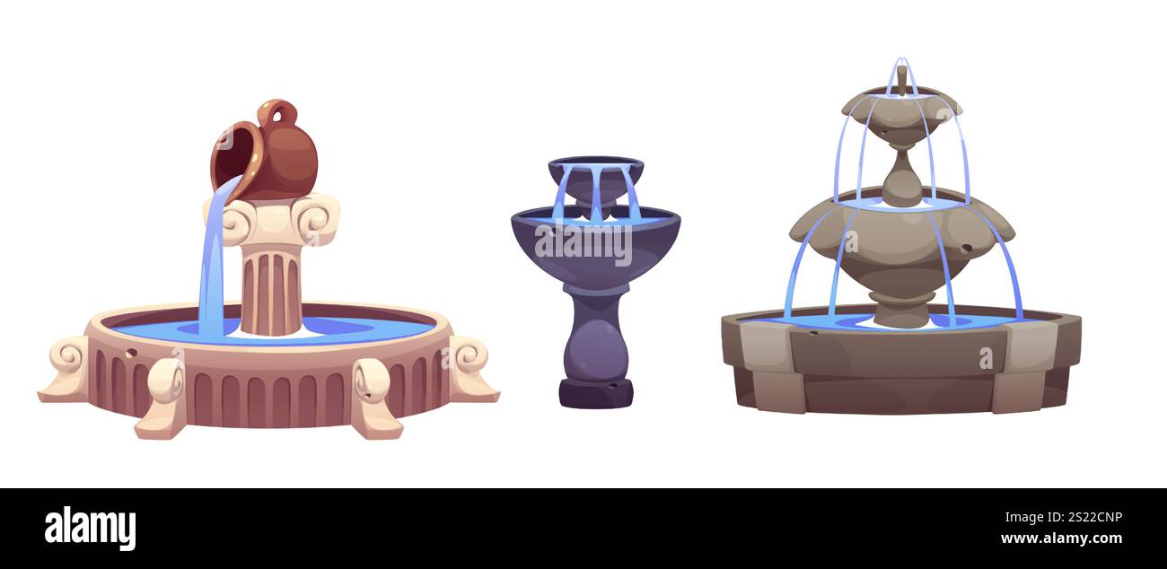 Collezione di fontane Cartoon dal design vario - caraffa classica su colonna con base ornata, struttura minimalista, composizione in pietra a gradini con corsi d'acqua ad arco. Strutture decorative per giardini d'acqua. Illustrazione Vettoriale