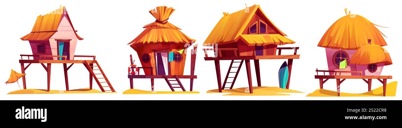 Collezione di capanne tropicali sulla spiaggia - bungalow in legno con tetti di paglia arancione, piattaforme rialzate, scale in legno, tavole da surf appoggiate alle pareti e tende colorate. Cottage dell'hotel Cartoon Seaside Resort. Illustrazione Vettoriale
