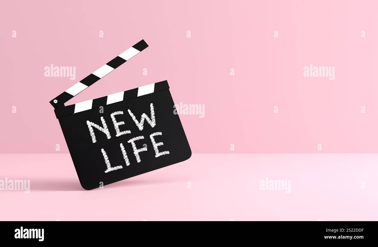 Un film con le parole New Life scritte sopra, che suggeriscono un nuovo inizio, un nuovo inizio o un cambiamento di direzione. Rendering 3D. Foto Stock