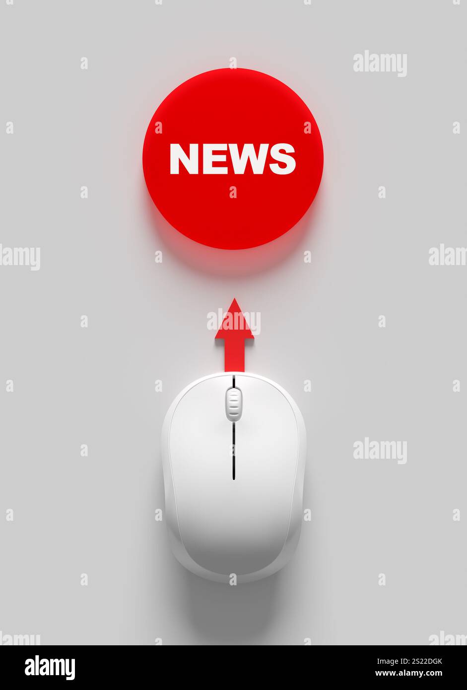 Concetto di notizie online. Mouse del computer facendo clic su un pulsante rosso con la parola news. rendering 3d. Foto Stock