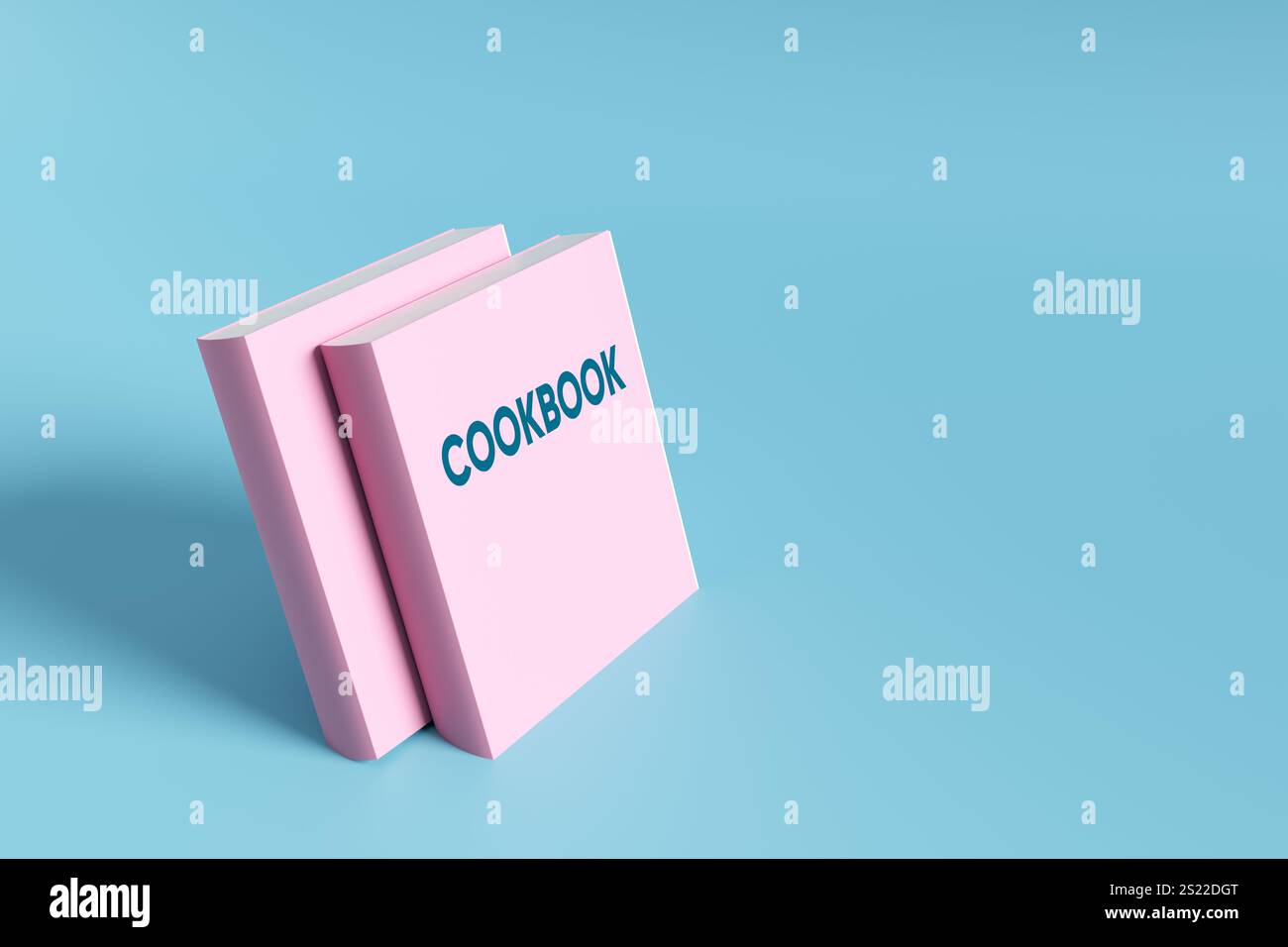 Due libri di cucina rosa appoggiati uno contro l'altro su uno sfondo azzurro, simboleggiano la conoscenza culinaria e l'arte della cucina. Rendering 3D. Foto Stock