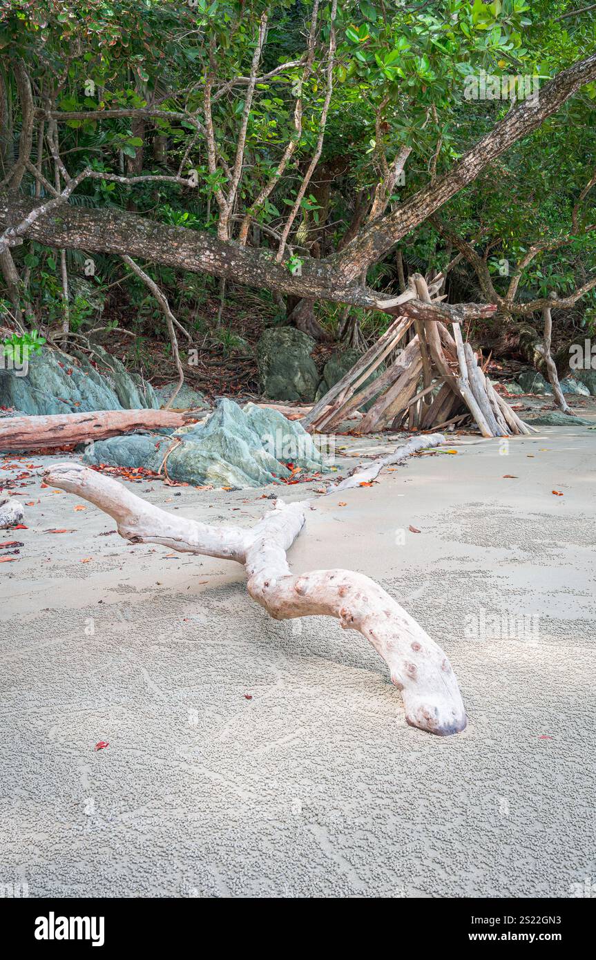 Un paradiso tropicale appartato dove la foresta pluviale incontra il mare, i turisti in visita hanno costruito un riparo da mare su questa isolata baia. Foto Stock