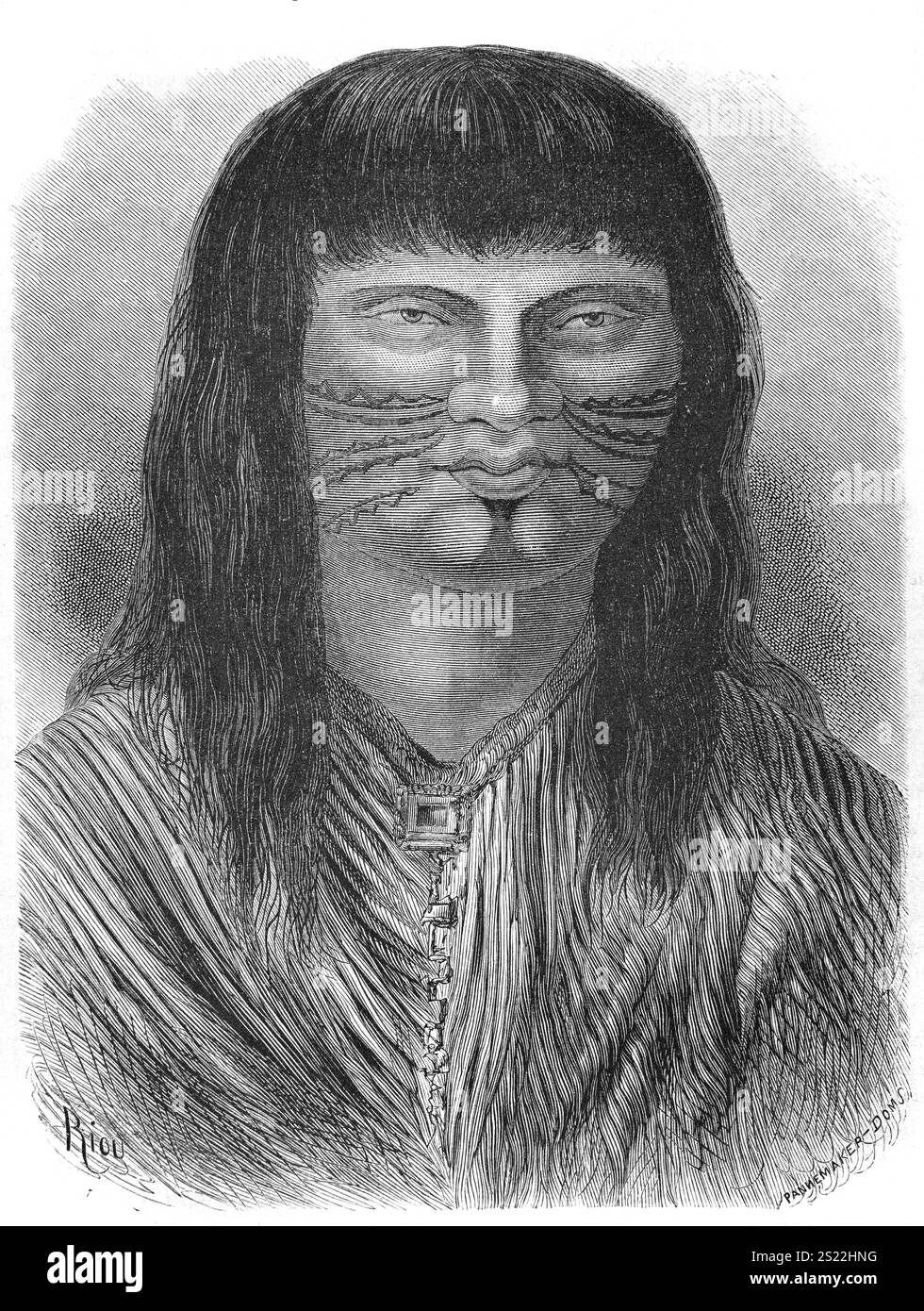 Ritratto dell'uomo Shipibo-Conibo con capelli lunghi. Gli Shipibo-Conibo sono un popolo indigeno del Perù che vive lungo il fiume Ucayali nella foresta pluviale amazzonica del Perù in Sud America. Illustrazione o incisione vintage o storica 1864 Foto Stock