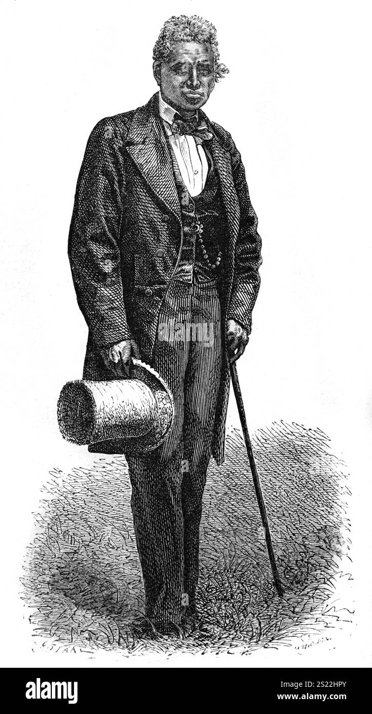Ritratto a figura intera di Raharolahy, alias Raharola, ministro dell'interno malgascio (1862-64) e consigliere di governo (1864-65) della regina Rasoherina (regnante 1863-1868) Antananarivo o Tana Madagascar. Incisione vintage o storica o illustrazione 1864 Foto Stock