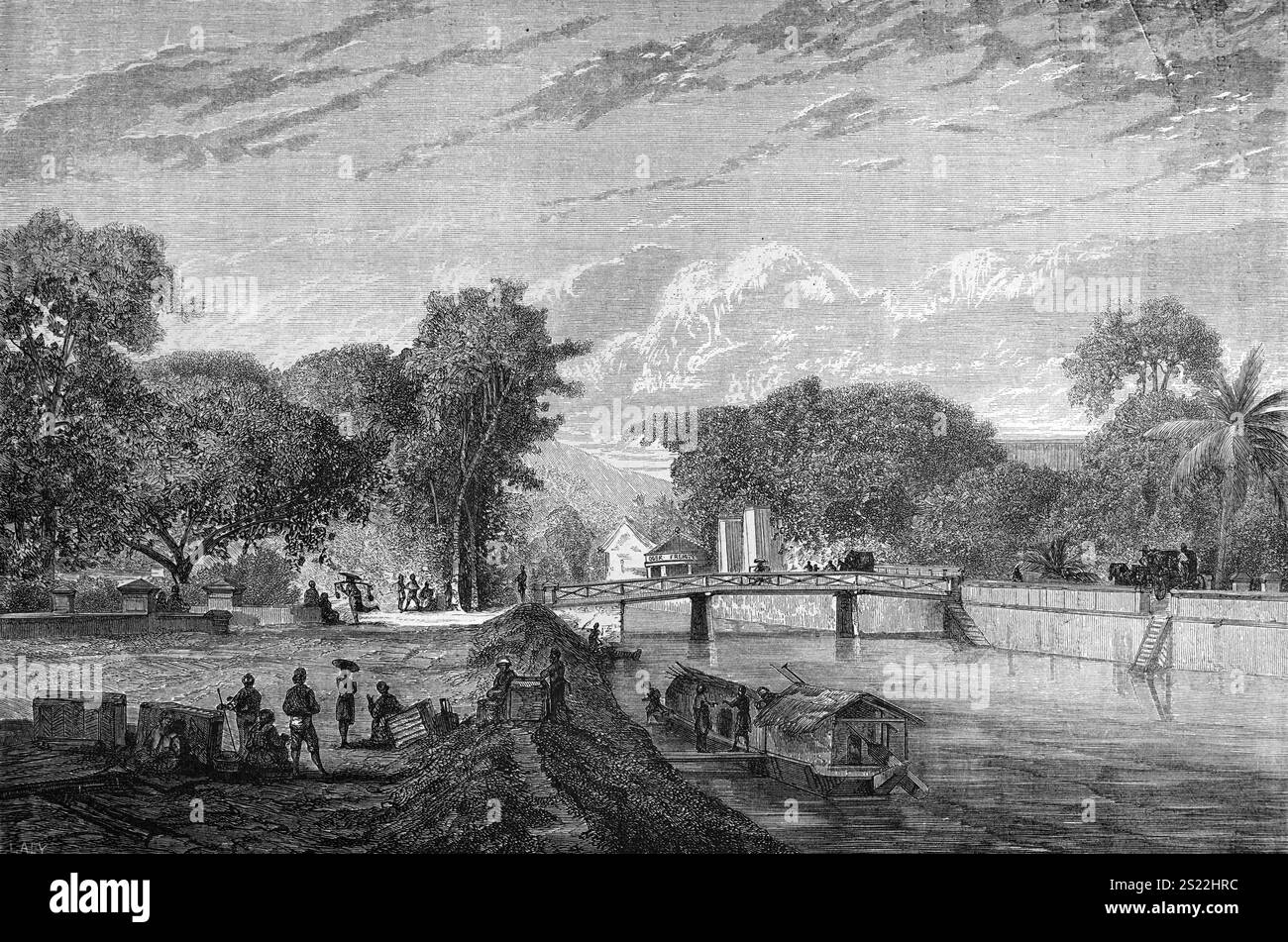 Fiume o canale nella città nuova o distretto storico di Batavia, Indie Orientali olandesi, Giacarta, Indonesia. Incisione vintage o storica o illustrazione 1864 Foto Stock