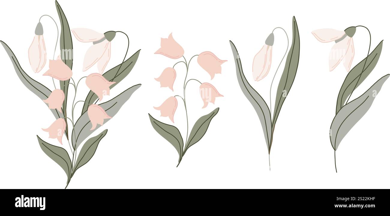 Illustrazione floreale minimalista di fiori primaverili con delicate tonalità pastello. Include delicati fiori a campana, gocce di neve, foglie e gambi eleganti Illustrazione Vettoriale
