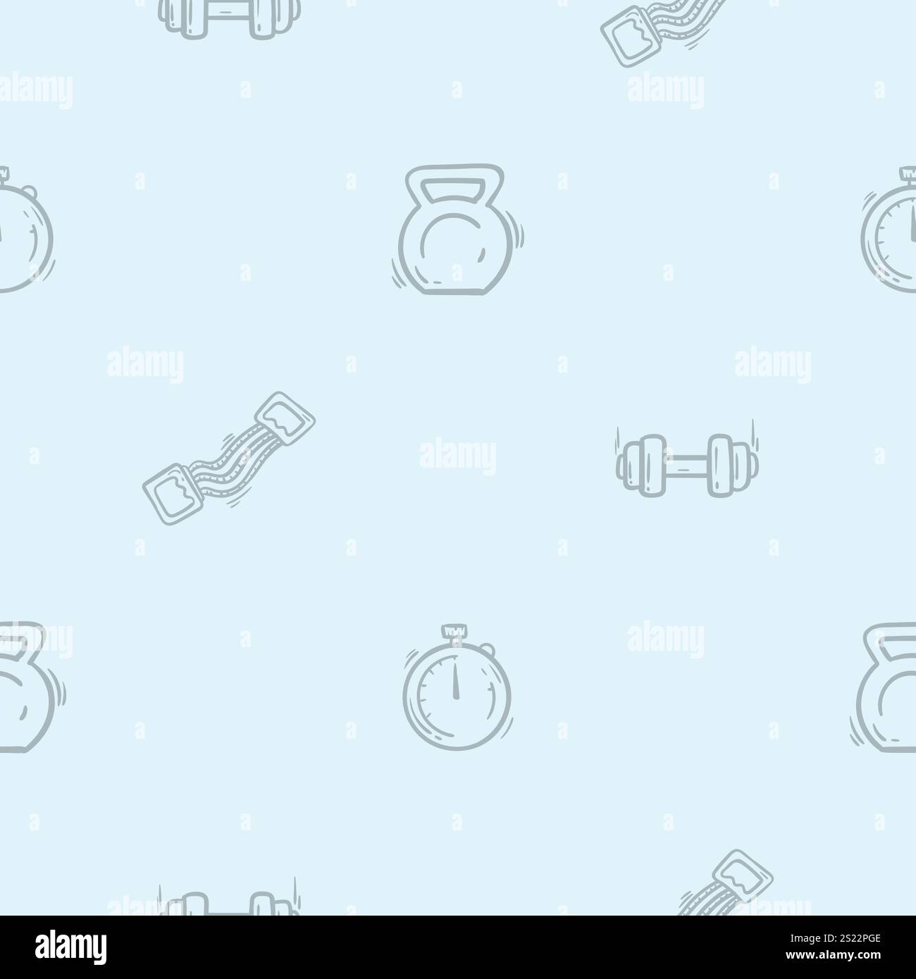 Semplice motivo bianco e nero senza cuciture con manubri, kettlebell, espansore e cronometro. Sfondo vettoriale Illustrazione Vettoriale