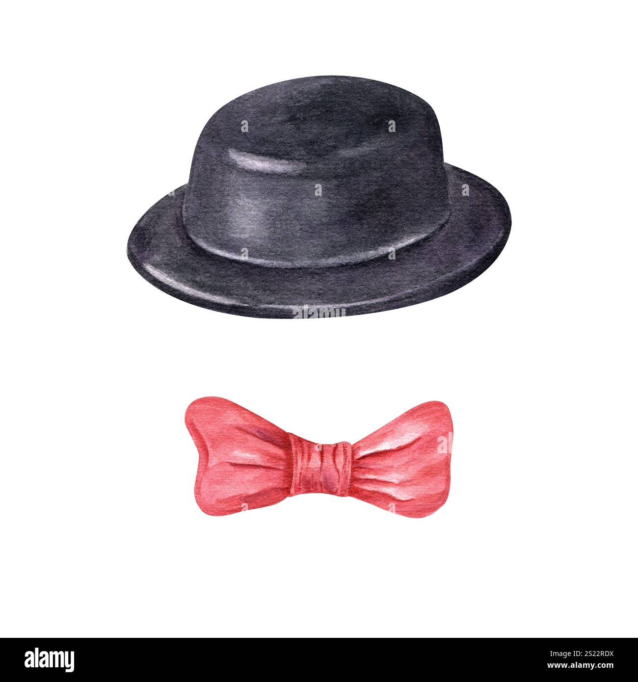 Cappello derby in feltro nero e disegno in acquerello con papillon rosso. Vista frontale. Accessori in costume da festa per sfilata in maschera, poster del circo. Foto Stock