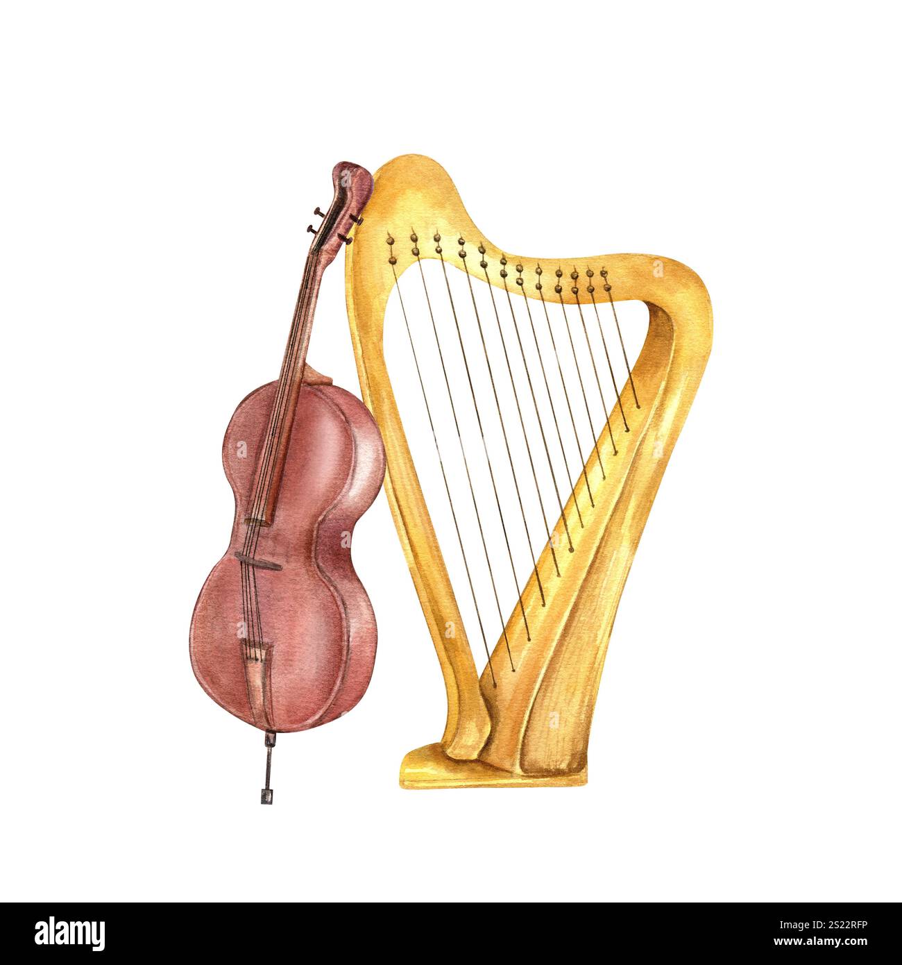Acquerello strumenti musicali a corda classica illustrazione isolata . Contrabbasso e arpa in legno. Composizione per il design di festival jazz. Foto Stock