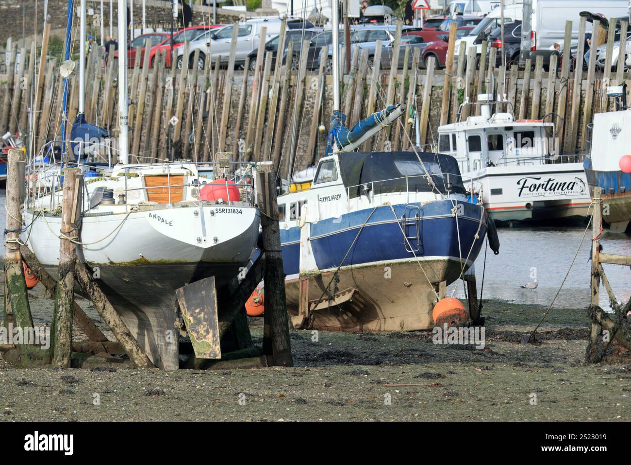 Looe, Cornovaglia, Regno Unito - 25 ottobre 2021: Veduta di yacht e barche ormeggiati nell'East Looe River con la marea fuori Foto Stock