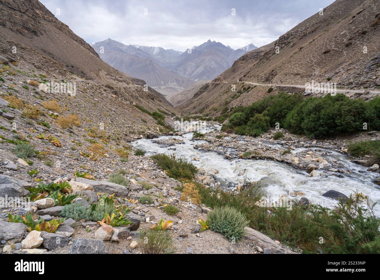 Vista panoramica del paesaggio con torrente di montagna della catena montuosa Wakhan in Afghanistan dal deserto ad alta quota a Gorno-Badakhshan, Tagikistan Pamir Foto Stock