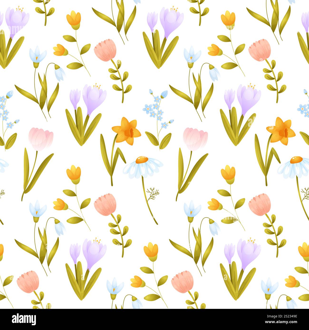 Un motivo senza cuciture di fiori primaverili. Tulipani, narcisi, croco, margherita. Illustrazione vettoriale Illustrazione Vettoriale